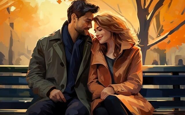 A serene painting depicts a couple on a bench, enveloped by the warm hues of fall, symbolizing love and tranquility.