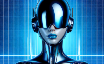 A futuristic woman with blue eyes and a high-tech helmet represents innovation in New Software 418dsg7 with a forward-looking design.