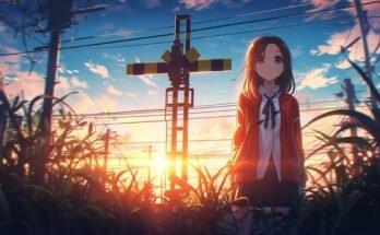 An anime girl gazes thoughtfully at a cross, symbolizing a blend of innocence and profound contemplation in her demeanor.