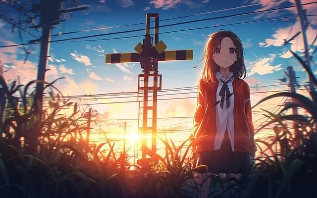 An anime girl gazes thoughtfully at a cross, symbolizing a blend of innocence and profound contemplation in her demeanor.