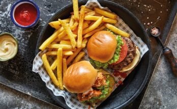 A tempting plate of two hamburgers and French fries, showcasing a meal from Applebees.