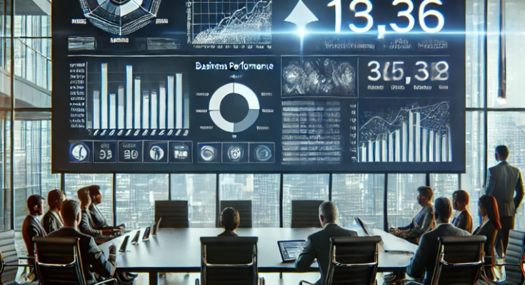 A team of professionals gathered around a conference table, attentively viewing a screen that showcases the term Raterpoint