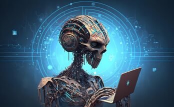 An alien interacts with a laptop set against a blue background, illustrating the fusion of technology and icryptox.com machine learning