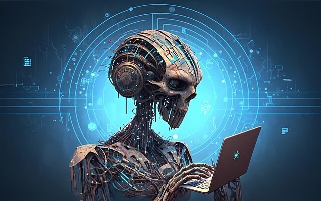 An alien interacts with a laptop set against a blue background, illustrating the fusion of technology and icryptox.com machine learning