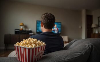 A man enjoying a movie on TV while eating popcorn, immersed in entertainment from flixtorz.to.